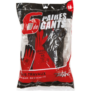 SACHET 6 PAIRES DE GANTS ROUGE LATEX NOIR T10