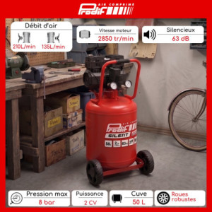 COMPRESSEUR VERTICAL SILENCIEUX 50L - 2CV - 8 bar
