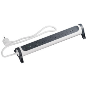 MULTIPRISE 5 PRISES AVEC 2PÔLES+TERRE PREMIUM PARAFOUDRE USB C+C 1,5M 1MM2 BLANC/NOIR
