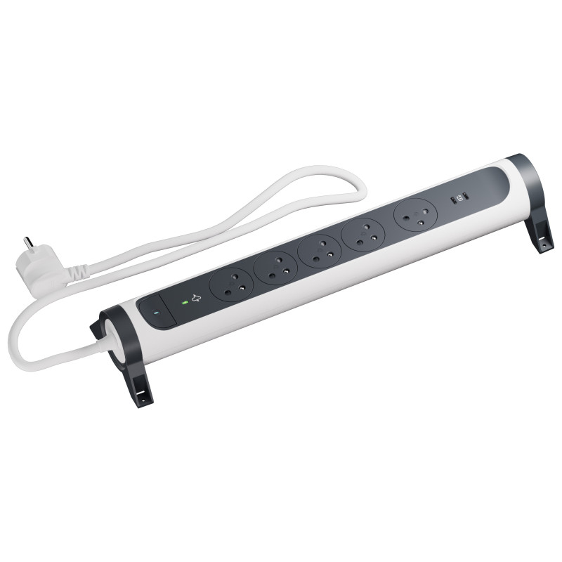 MULTIPRISE 5 PRISES AVEC 2PÔLES+TERRE PREMIUM PARAFOUDRE USB C+C 1,5M 1MM2 BLANC/NOIR