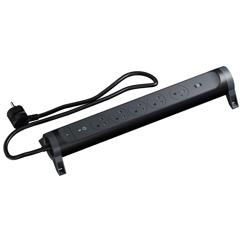 MULTIPRISE 5 PRISES AVEC 2PÔLES+TERRE PREMIUM PARAFOUDRE USB C+C 1,5M 1MM2 NOIR