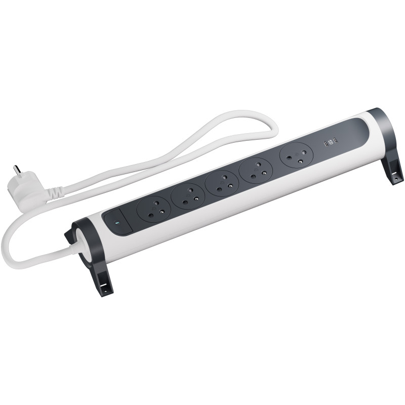 MULTIPRISE 5 PRISES AVEC 2PÔLES+TERRE PREMIUM USB C+C 1,5M 1MM2 BLANC/NOIR