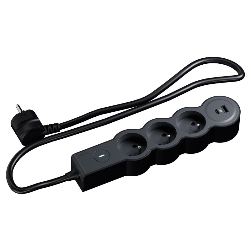 MULTIPRISE 3 PRISES AVEC 2PÔLES+TERRE STANDARD INTERRUPTEUR USB A+C 1,5M 1MM2 NOIR