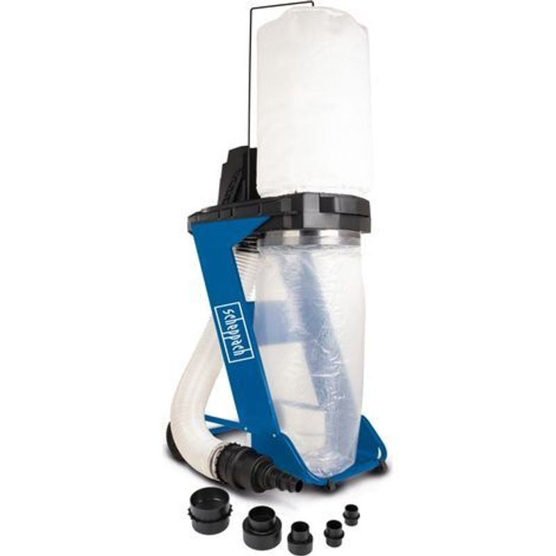 Aspirateur à copeaux Scheppach DC500 75 L 230 V avec flexible, adaptateurs et sac de collecte.