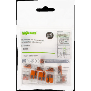SACHET DE 10 BORNES 2 ENTREES WAGO SERIE 221
