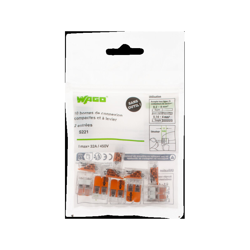 SACHET DE 10 BORNES 2 ENTREES WAGO SERIE 221