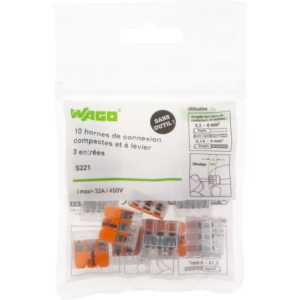 SACHET DE 10 BORNES 3 ENTREES WAGO SERIE 221