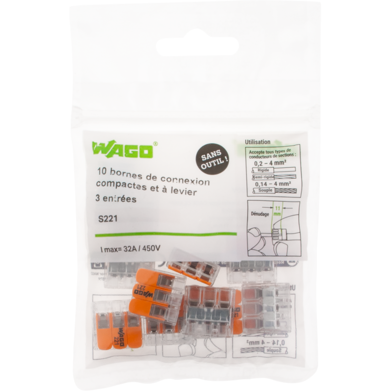 SACHET DE 10 BORNES 3 ENTREES WAGO SERIE 221