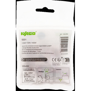 SACHET DE 10 BORNES 3 ENTREES WAGO SERIE 221
