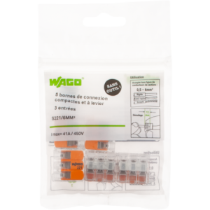 SACHET DE 5 BORNES 3 ENTREES WAGO SERIE 221-6MM2
