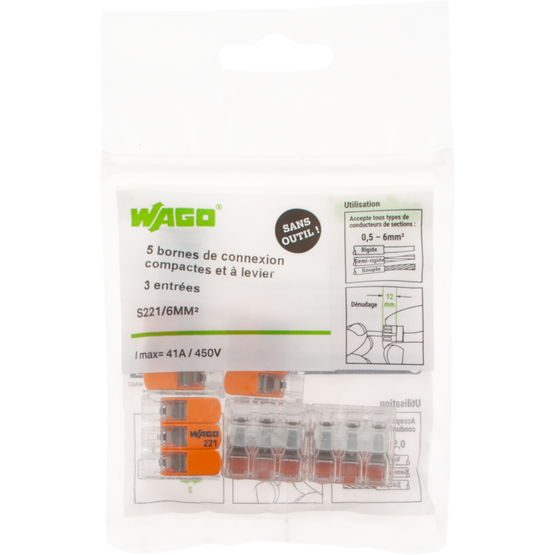 SACHET DE 5 BORNES 3 ENTREES WAGO SERIE 221-6MM2