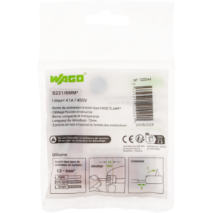 SACHET DE 5 BORNES 3 ENTREES WAGO SERIE 221-6MM2