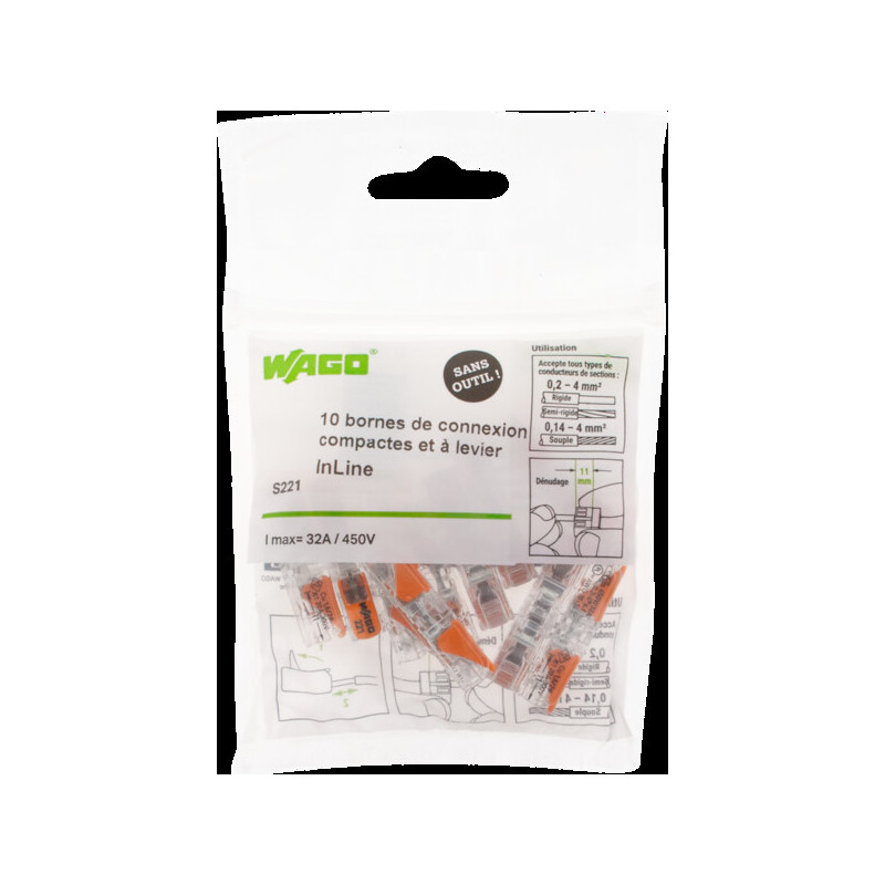SACHET DE 10 BORNES WAGO SERIE 221 INLINE
