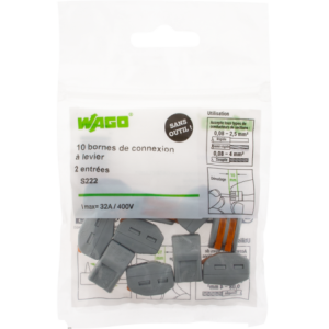 SACHET DE 10 BORNES 2 ENTREES WAGO SERIE 222