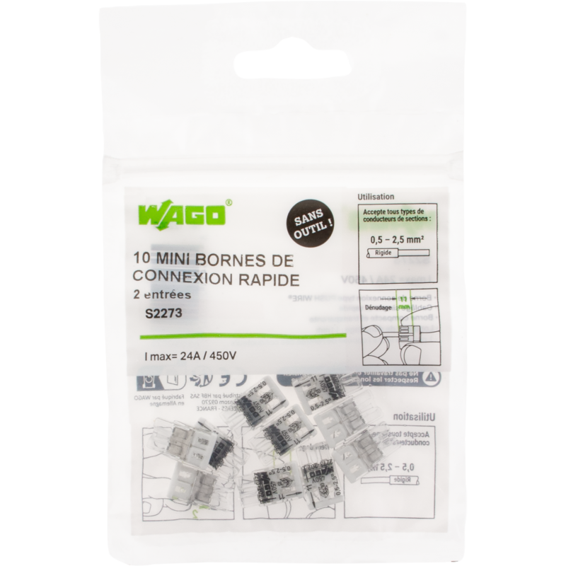 SACHET DE 10 BORNES 2 ENTREES WAGO SERIE 2273