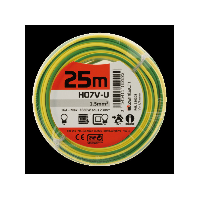 CABLE H07V-U 1,5MM² 25M JAUNE/VERT FILM